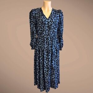 NWT Women's Banana Republic Blue & Black Leopard Long Sleeve Dress, X-Small